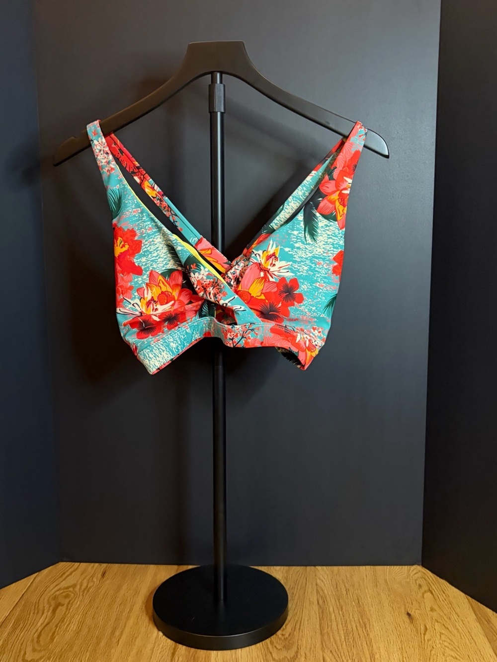 Twist-Front Floral Bikini Top - Teal & Red
